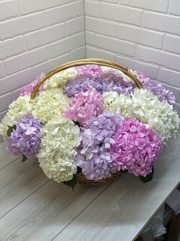 Гортензии в корзине, артикул F1206476 - 20297 рублей, доставка по городу. Flawery - доставка цветов