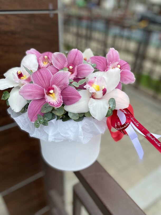 Орхидея в коробке с эвкалиптом, артикул F1293362 - 3500 рублей, доставка по городу. Flawery - доставка цветов