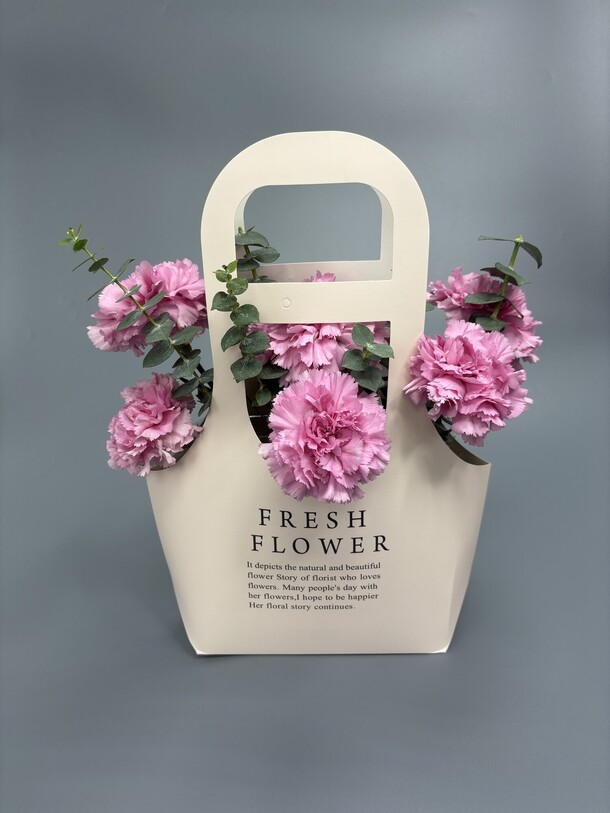 Диантусы с эвкалиптом в сумочке, артикул F1341931 - 3150 рублей, доставка по городу. Flawery - доставка цветов