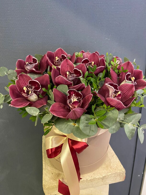 Орхидея с эвкалиптом в коробке, артикул F1255409 - 6180 рублей, доставка по городу. Flawery - доставка цветов