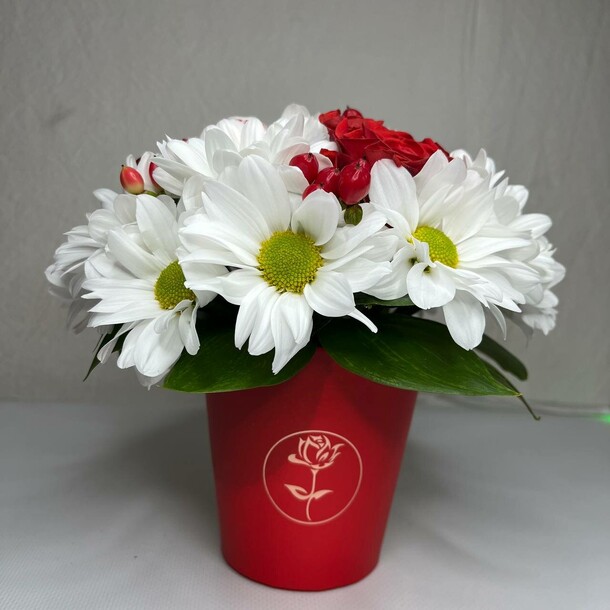 Сладкий букет с розой, хризантемой и конфетами raffaello в стаканчике "ангел", артикул F1194986 - 2250 рублей, доставка по городу. Flawery - доставка цветов