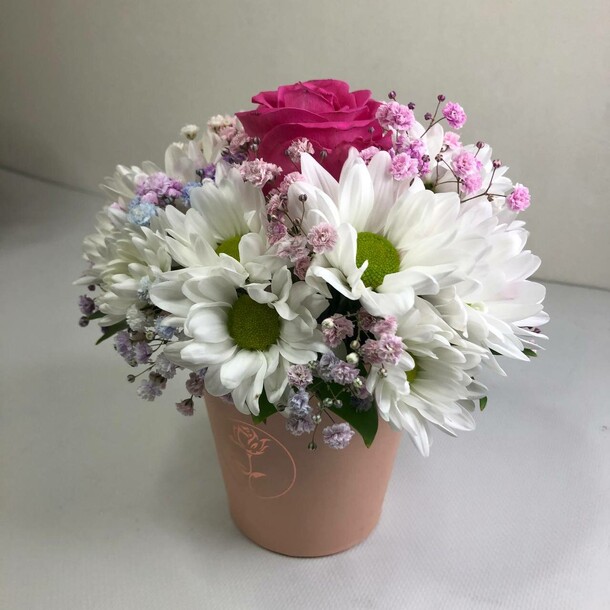 Стаканчик "роза в хризантеме", артикул F1215682 - 1800 рублей, доставка по городу. Flawery - доставка цветов