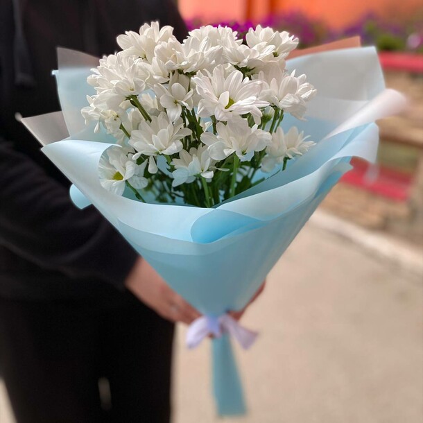 Белая хризантема, букет комплимент, артикул F1225209 - 2485 рублей, доставка по городу. Flawery - доставка цветов