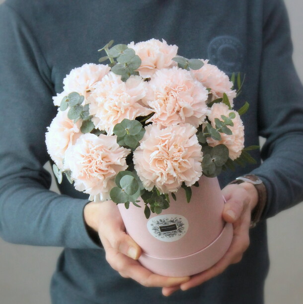 Нежные стойкие диантусы с эвкалиптом в коробке, артикул F1348800 - 4000 рублей, доставка по городу. Flawery - доставка цветов