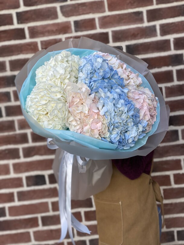 7 разноцветных гортензий, артикул F1293056 - 6000 рублей, доставка по городу. Flawery - доставка цветов