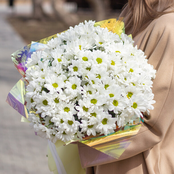 Букет хризантем «почти ромашки», артикул F1306763 - 5200 рублей, доставка по городу. Flawery - доставка цветов
