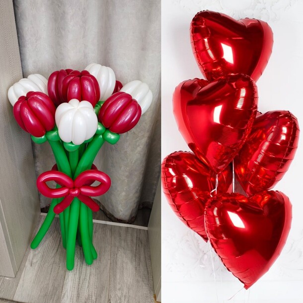 Букет цветов тюльпанов + фольгированные сердца, артикул F1372636 - 4700 рублей, доставка по городу. Flawery - доставка цветов