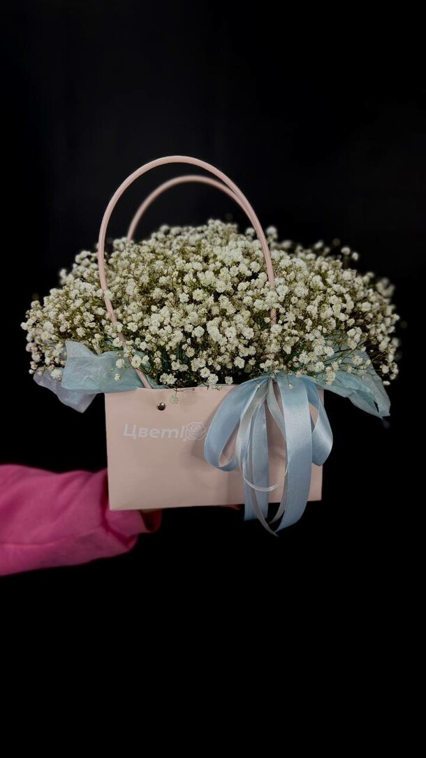 Композиция из белой гипсофилы в сумочке, артикул F1392820 - 2250 рублей, доставка по городу. Flawery - доставка цветов