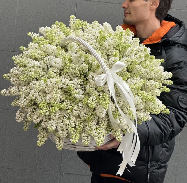 Большая корзина белой сирени vip букет, артикул F1399562 - 75000 рублей, доставка по городу. Flawery - доставка цветов