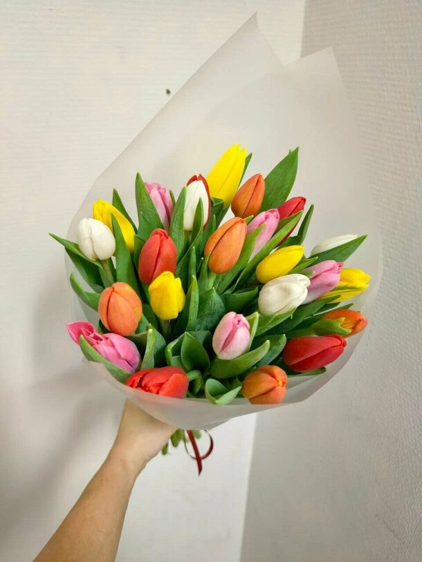 Букет живых цветов - 15 тюльпанов микс, монобукет, s, высота 40см, голландия | турбофлора, арт: 7100, артикул F1531080 - 6150 рублей, доставка по городу. Flawery - доставка цветов