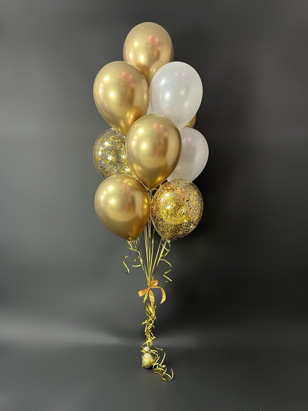 Фонтан из 13 гелиевых шаров, золотые хром, белые и с конфетти, артикул F1402241 - 3800 рублей, доставка по городу. Flawery - доставка цветов