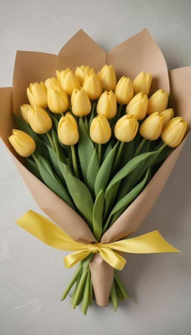 Букет из 23 желтых тюльпана в уаковке, артикул F1402787 - 4010 рублей, доставка по городу. Flawery - доставка цветов