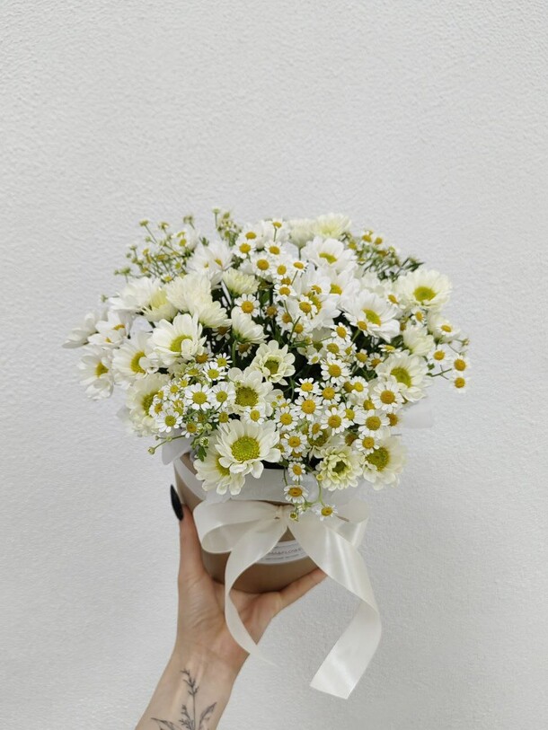 Коробочка из микса ромашек, артикул F1450154 - 2750 рублей, доставка по городу. Flawery - доставка цветов