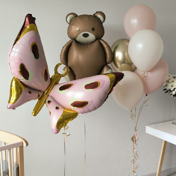 Шарики для девочки с бабочкой и мишкой, артикул F1456965 - 3640 рублей, доставка по городу. Flawery - доставка цветов