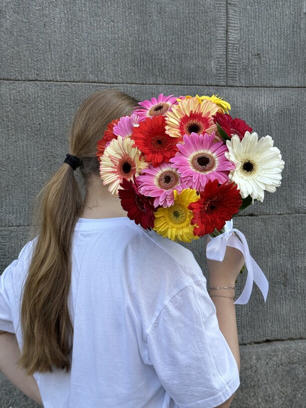 Герберы 15 штук под ленту, артикул F1323650 - 2990 рублей, доставка по городу. Flawery - доставка цветов