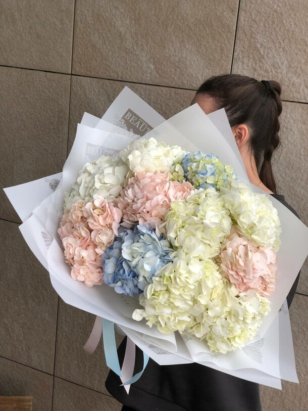 11 гортензий нежный микс, артикул F1345596 - 8600 рублей, доставка по городу. Flawery - доставка цветов