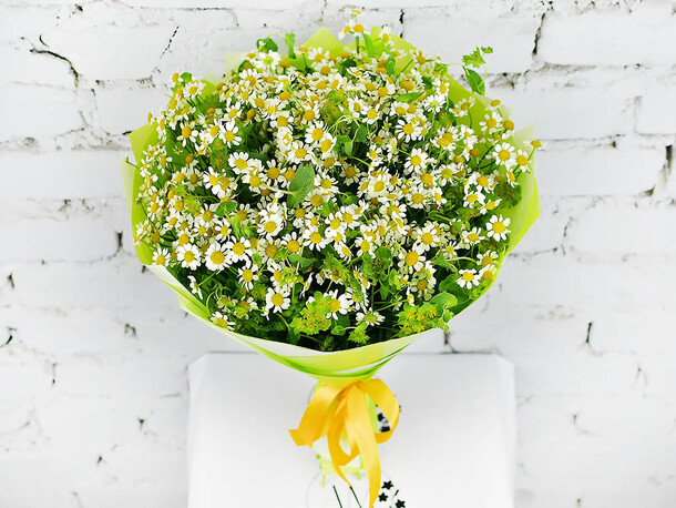 Букет 11 ромашек с зеленью, артикул F1149483 - 3390 рублей, доставка по городу. Flawery - доставка цветов