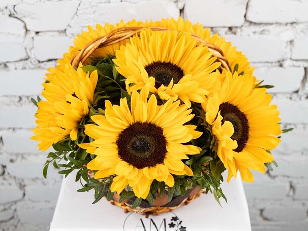 Композиция 9 посолнухов в корзине, артикул F1208304 - 5709 рублей, доставка по городу. Flawery - доставка цветов