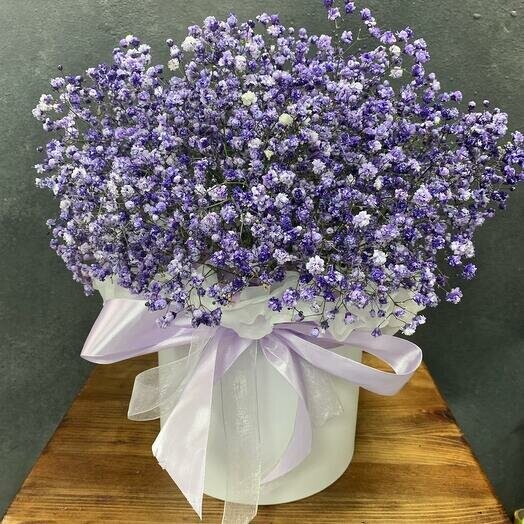 Фиолетовый бокс с гипсофилой, артикул F112749 - 3179 рублей, доставка по городу. Flawery - доставка цветов