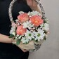 Корзинка с розовыми розами и ромашками