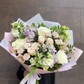 Букет "Лавандовый раф" (розы, кустовые розы, сантини, матиола, альстромерии, эустома, зелень)